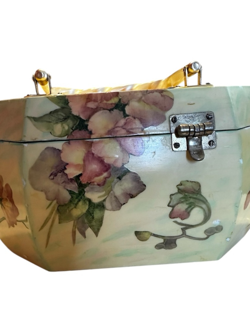 Vtg 1960s Decoupage Wood Box Purse Octagon Floral MCM Handbag MPM Artisan READ